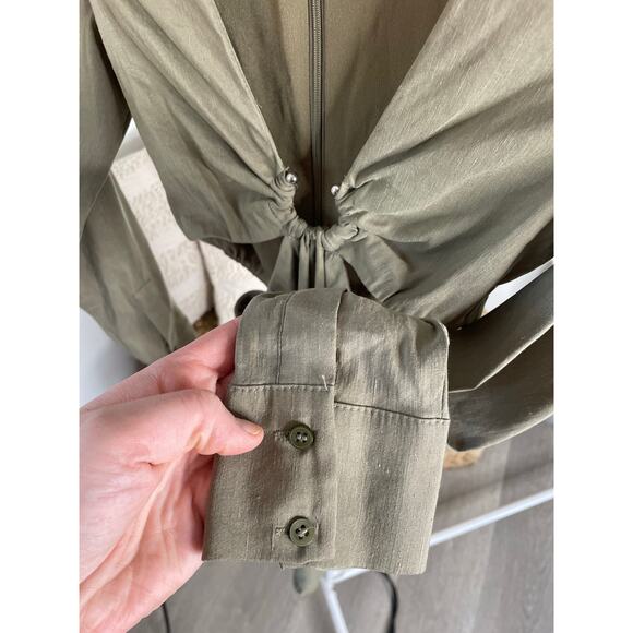 Zara Olive Green Linen Cut Out Long Sleeve Mini Bodycon Dress XS - Picture 6 of 10